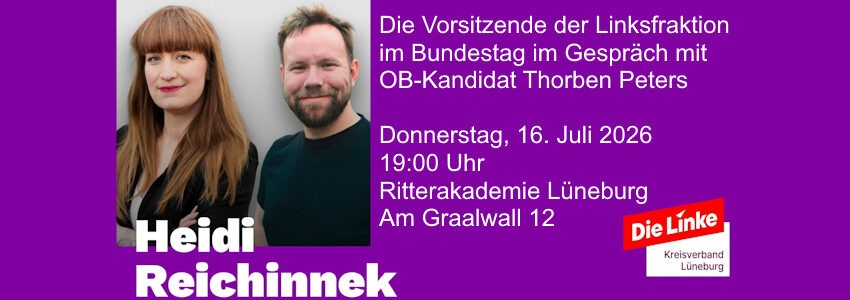 Grafik: Sharepic, Linke Lüneburg. Gespräch Reichinnek / Peters am 16. Juli 2026.