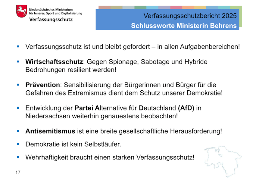 Niedersächsischer Verfassungsschutzbericht 2025: Schlussworte von Ministerin Daniela Behrens. Präsentation bei der Vorstellung, 11.06.2026, S. 17.