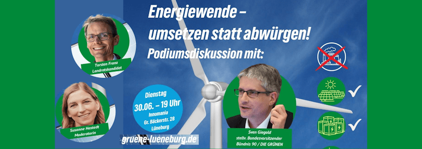 Grafik: Grüne Lüneburg. Sharepic. "Energiewende - Umsetzen statt Abwürgen", 30.06.2026.