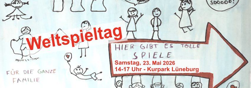 Grafik: Kinderzeichnung. Weltspieltag am 23.05.2026 im Kurpark Lüneburg.